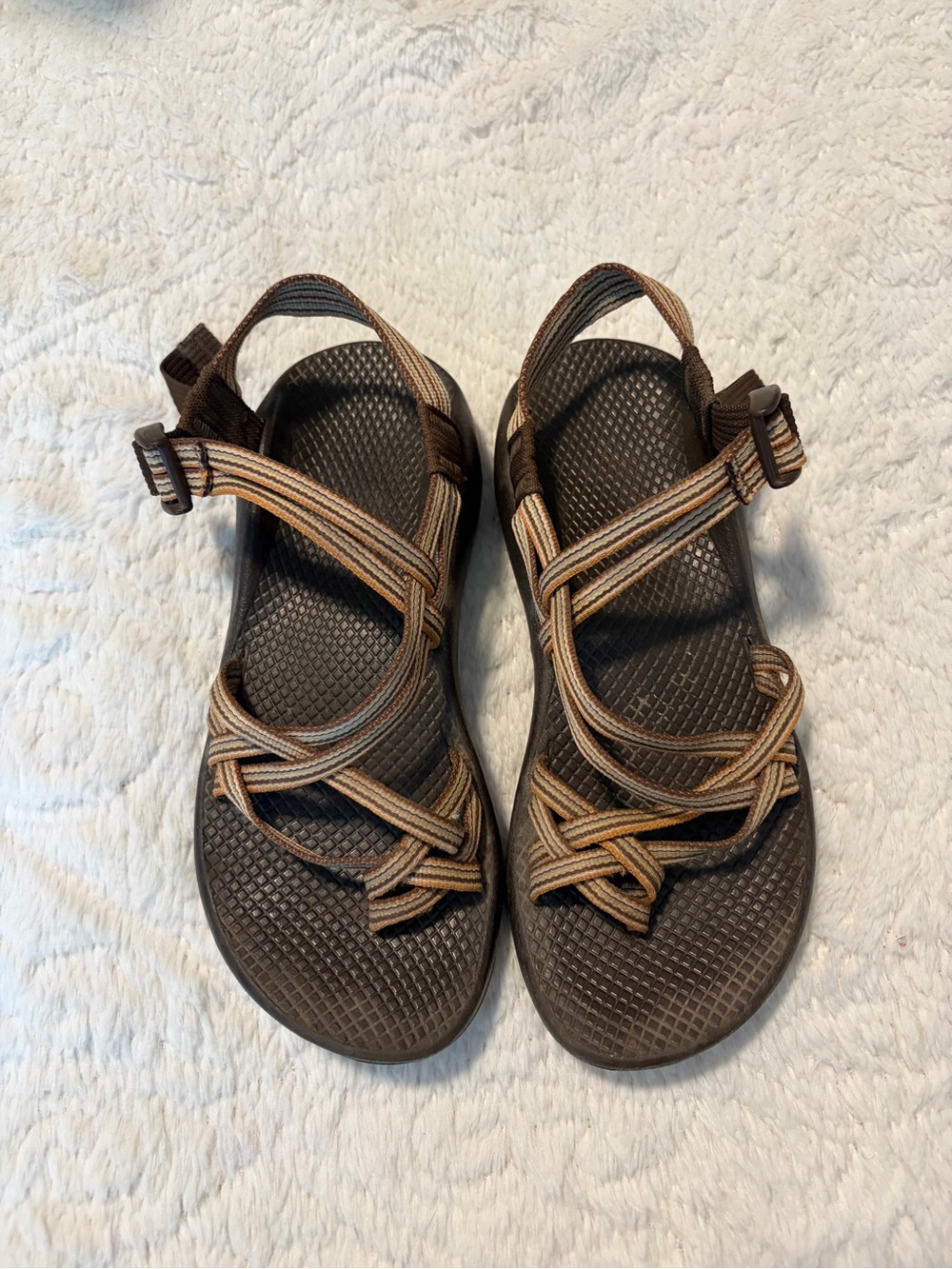 Chaco Brown Multi-Striped Vibram Sandals Hiking Trails Camping Waterproof Sz 8